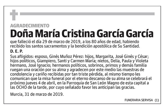 María Cristina García García | Esquelas La Verdad